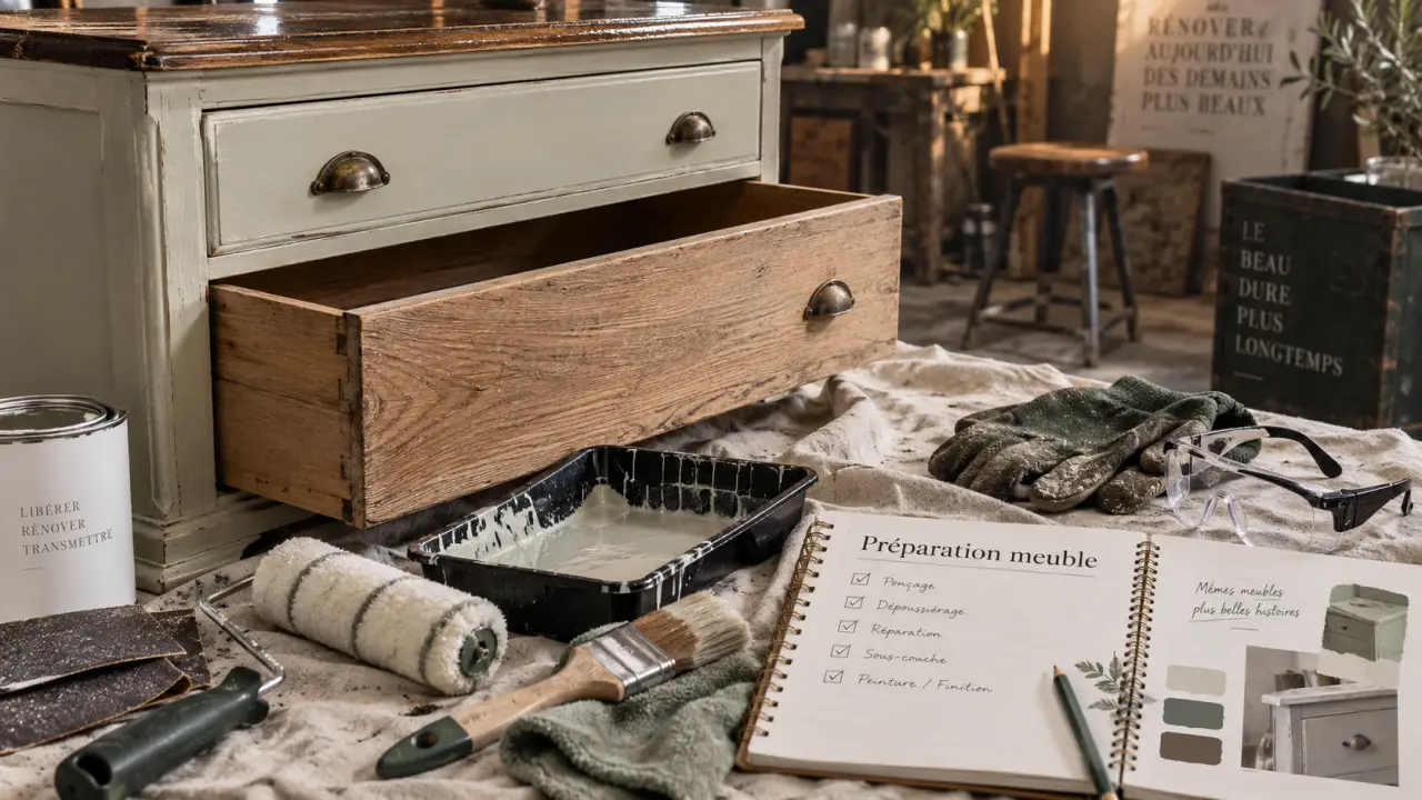 Meuble en bois repeint : ponçage insuffisant, peinture qui cloque