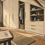 Mur de rangement sur mesure en chêne clair, niches et penderie