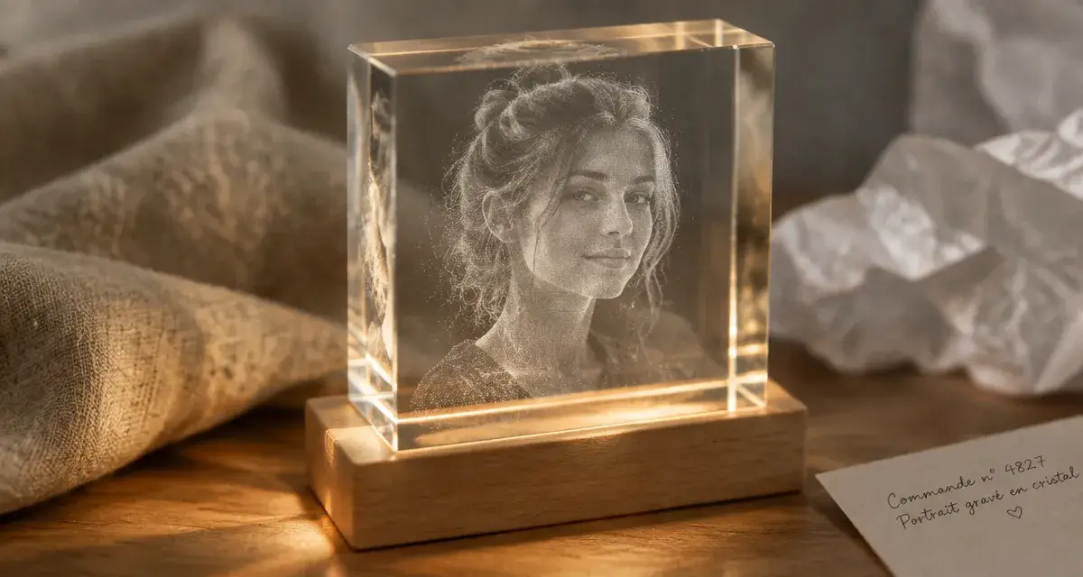 Photo gravee sur verre : portrait laser en relief 3D