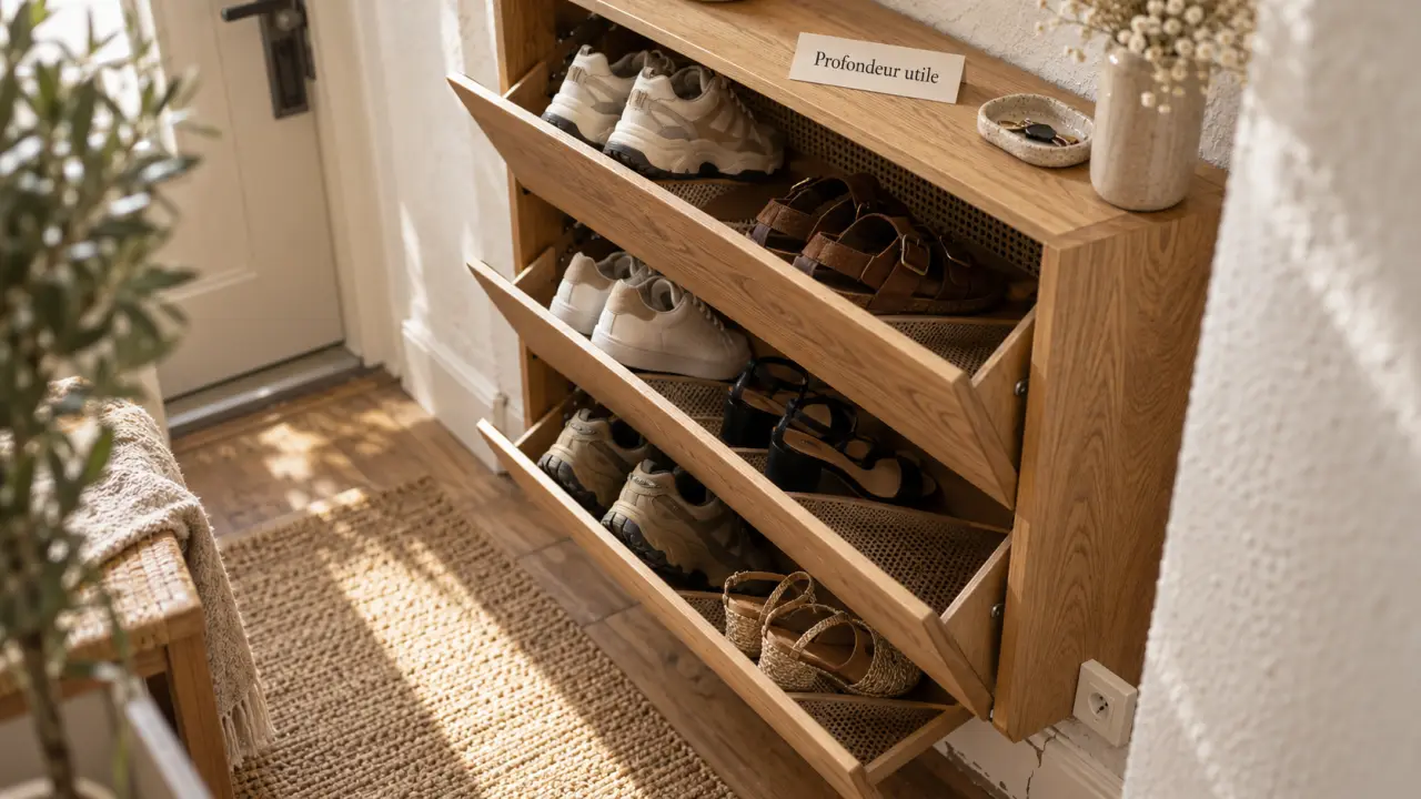 Rangement chaussures meuble, profondeur utile en entrée
